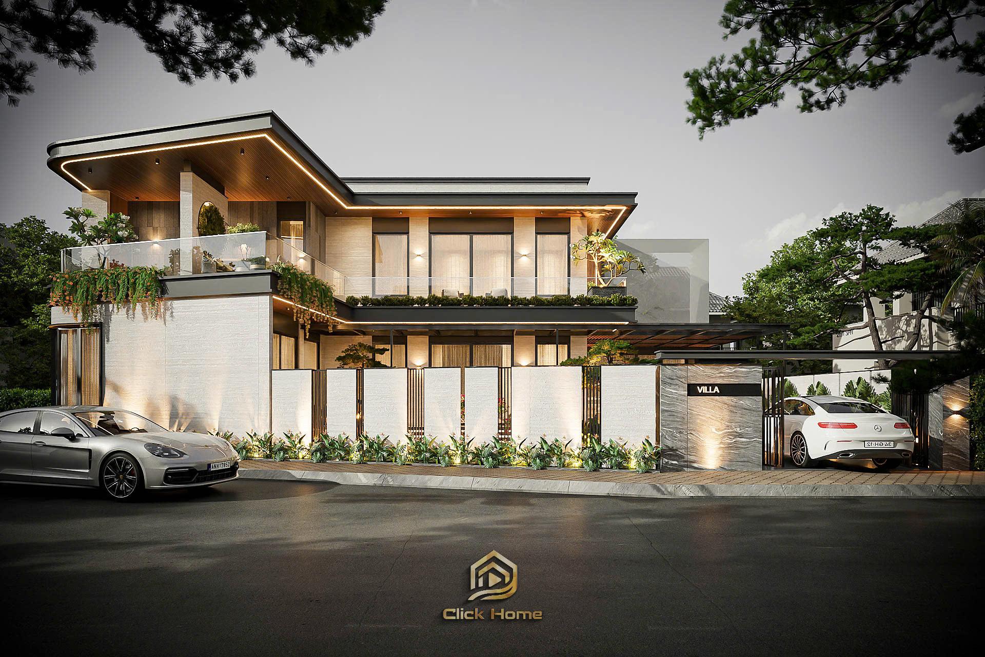 Toàn cảnh mặt tiền mẫu villa 2 tầng mái Nhật hiện đại 