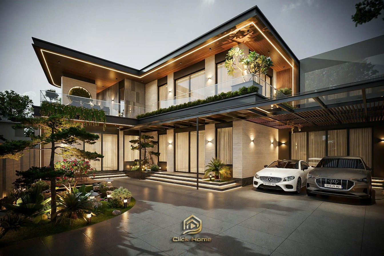 Hình khối kiến trúc mẫu villa 2 tầng mái Nhật hiện đại