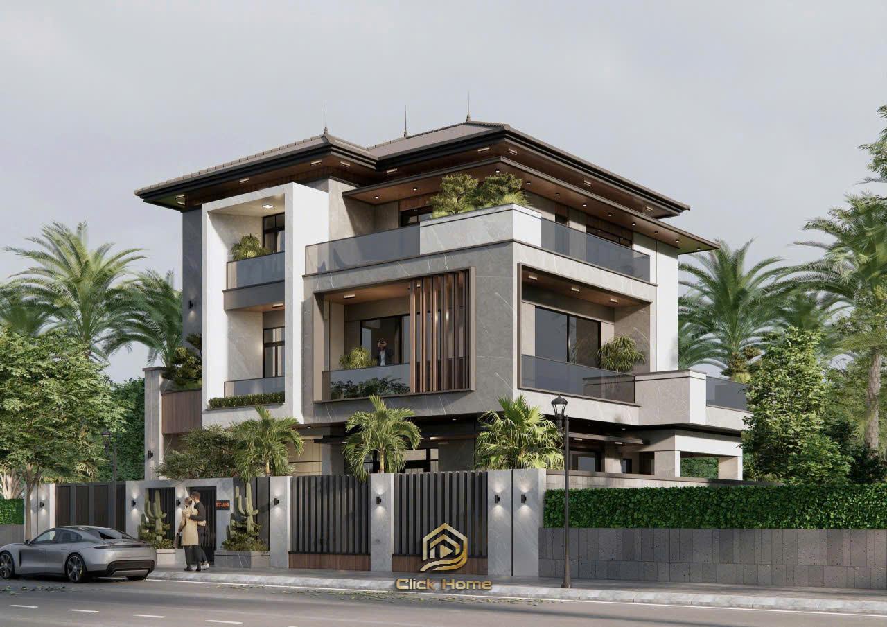 Phối cảnh góc nghiêng biệt thự hiện đại 3 tầng với thiết kế hình khối mạnh mẽ, sử dụng tone màu xám trắng sang trọng