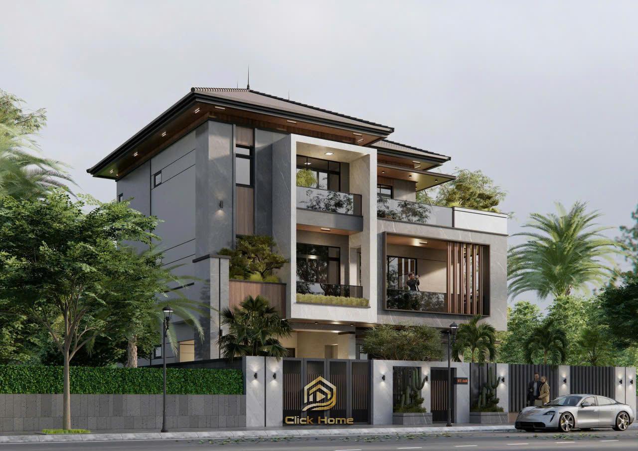 Cận cảnh thiết kế mặt đứng biệt thự , làm nổi bật sự kết hợp tinh tế giữa vật liệu đá tự nhiên và cây xanh