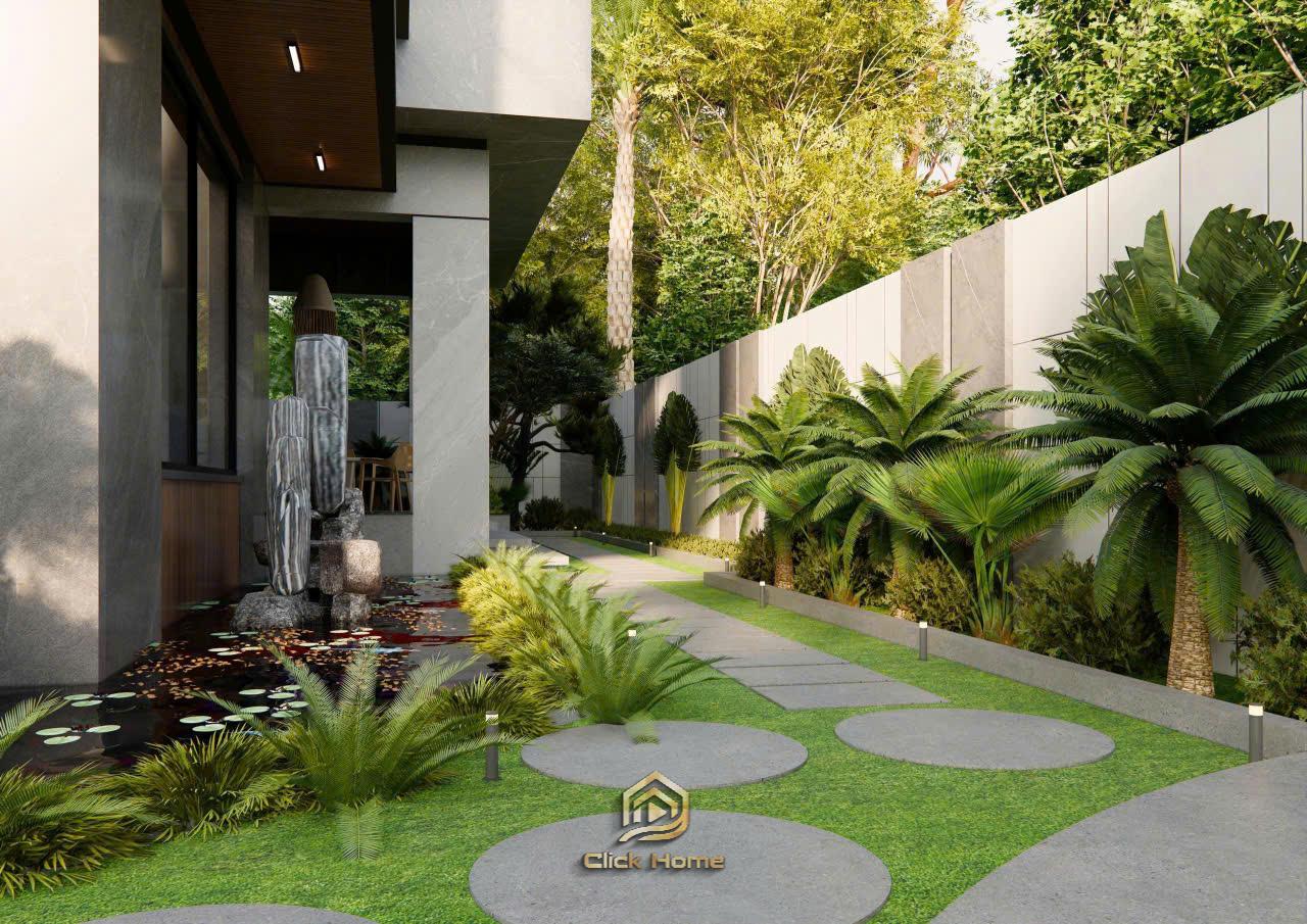 Thiết kế sân vườn hiện đại với hồ sen nhỏ và hệ cây bụi tầng thấp tạo cảm giác thư thái cho gia chủ
