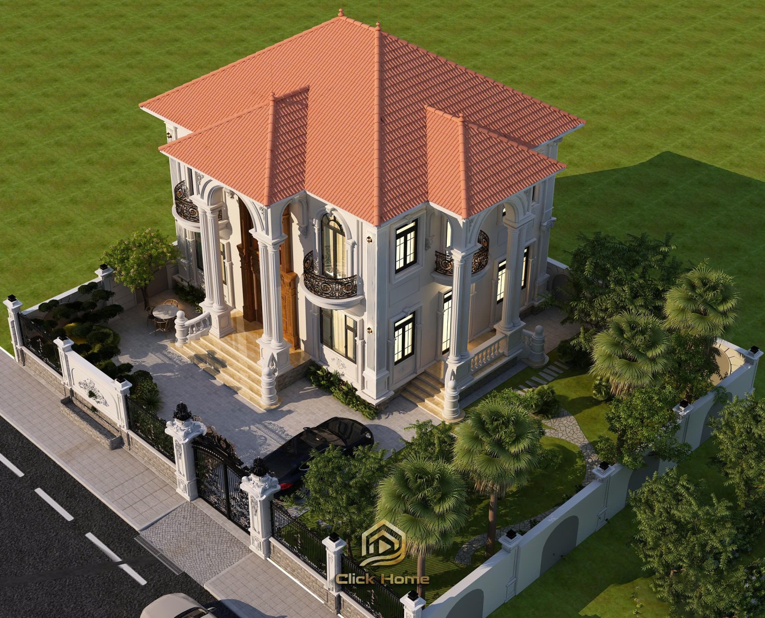 Thiết kế biệt thự tân cổ điển 2 tầng mái Nhật với mặt tiền sang trọng, hệ cột vững chãi và cửa gỗ lớn tại Bắc Ninh.