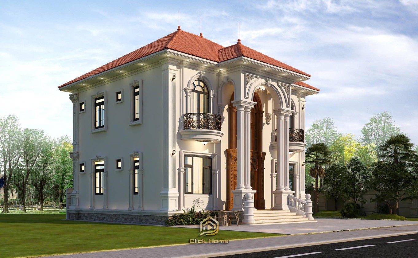 Cận cảnh kiến trúc mặt tiền và hông nhà biệt thự tân cổ điển 2 tầng mái Nhật đẳng cấp.