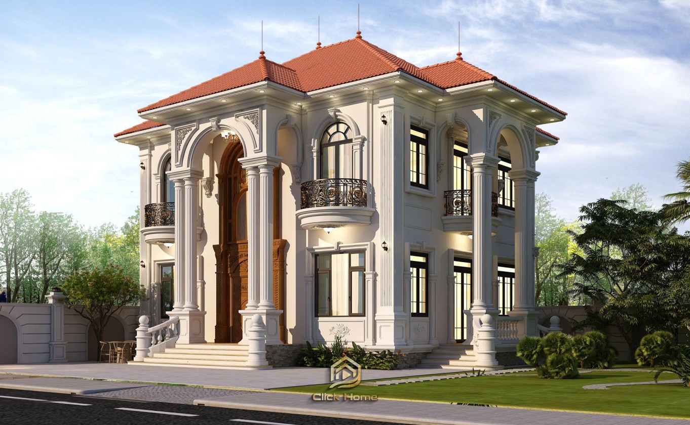 Góc nghiêng mặt bên biệt thự 2 tầng với hệ cửa vòm và lan can nhôm đúc sang trọng.