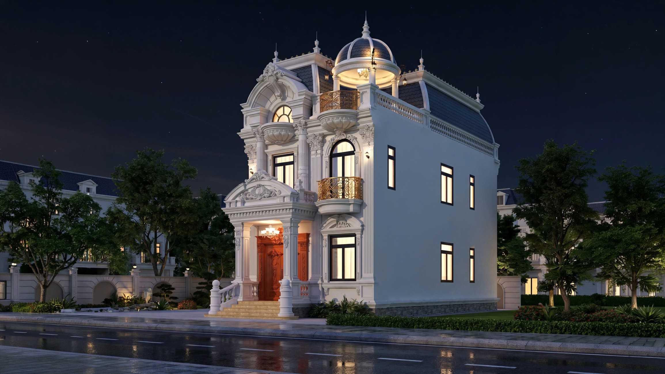 Biệt thự tân cổ điển mái Mansard 3 tầng lung linh về đêm với hệ đèn chiếu sáng ấm áp, tôn lên vẻ đẹp kiến trúc sang trọng, tinh tế và đầy cuốn hút.
