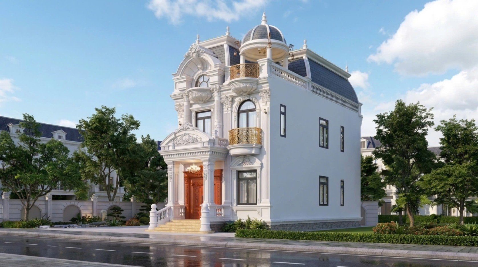 Biệt thự tân cổ điển 3 tầng mái Mansard sang trọng với thiết kế tinh xảo, góc nhìn nghiêng nổi bật hệ cột, phào chỉ và ban công sắt mỹ thuật mạ vàng, mang đậm phong cách châu Âu đẳng cấp.