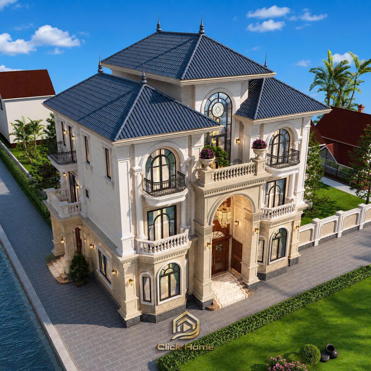 Phối cảnh góc nghiêng bên trái biệt thự Pháp 3 tầng đón ánh bình minh. Góc nhìn này tôn lên chiều sâu của công trình với hệ ban công hoa văn sắt nghệ thuật và sự kết hợp hài hòa giữa khối nhà chính với không gian sân vườn.