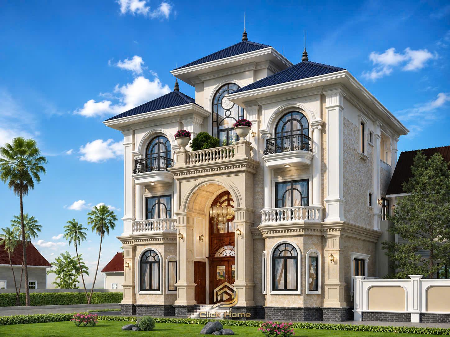 Phối cảnh từ góc sân vườn nhìn lên biệt thự trong nắng sớm, làm nổi bật khoảng xanh thoáng đãng và mặt tiền bề thế.