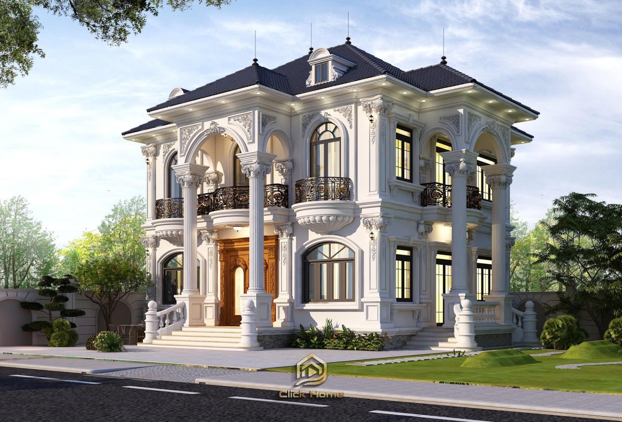 Phối cảnh góc biệt thự tân cổ điển phô diễn vẻ đẹp của cả hai mặt tiền. Kiến trúc kết hợp hài hòa giữa nét cổ điển Châu Âu và mái nhật hiện đại. Sân vườn được thiết kế thoáng đãng với cây xanh và thảm cỏ.