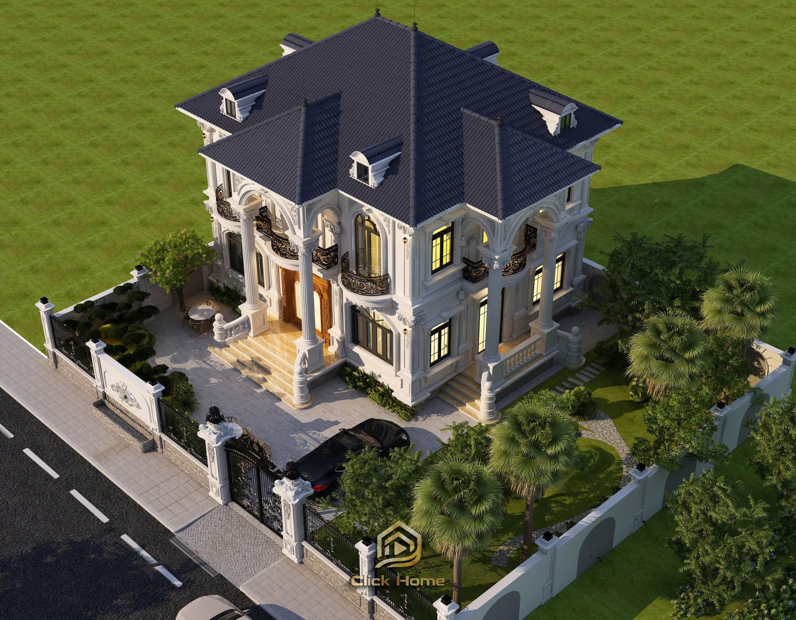 Ảnh chụp từ trên cao toàn cảnh biệt thự và khuôn viên sân vườn. Góc nhìn này giúp bao quát kiến trúc mái nhật độc đáo, hệ thống sân chơi, hồ bơi (nếu có) và các khu vực cây xanh được quy hoạch khoa học.
