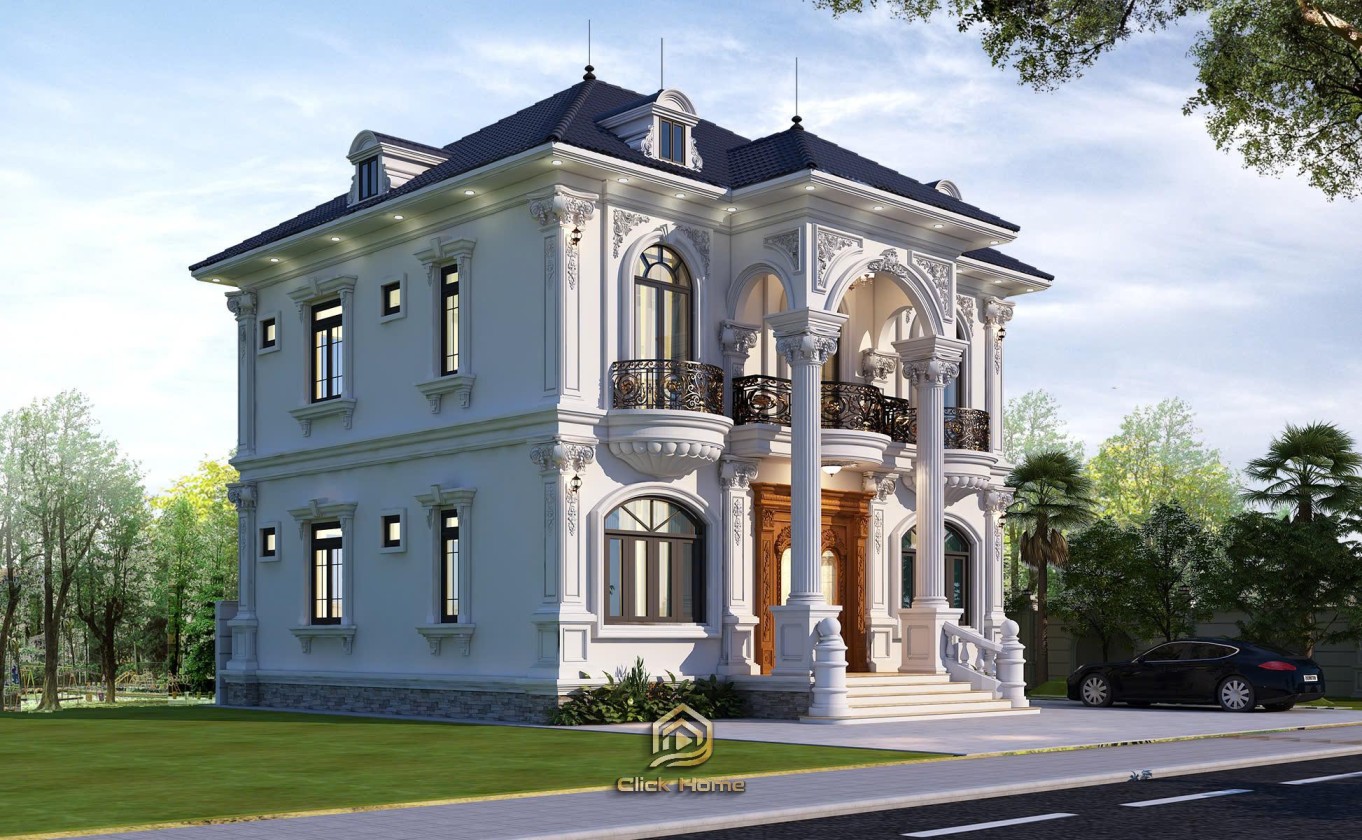 Hình ảnh cận cảnh các chi tiết kiến trúc tinh tế của biệt thự tân cổ điển như ban công sắt rèn nghệ thuật, cột trụ mạnh mẽ và phào chỉ mái cầu kỳ, thể hiện sự tỉ mỉ và đẳng cấp trong thiết kế.
