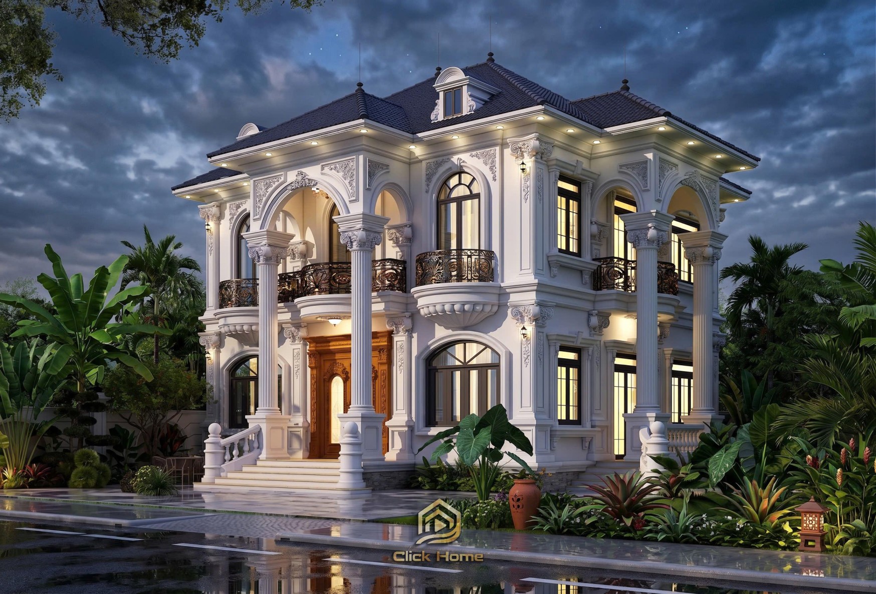 Biệt thự tân cổ điển lung linh dưới ánh đèn về đêm. Hệ thống chiếu sáng được bố trí hợp lý, làm nổi bật các đường nét kiến trúc và tạo không gian ấm cúng, sang trọng.