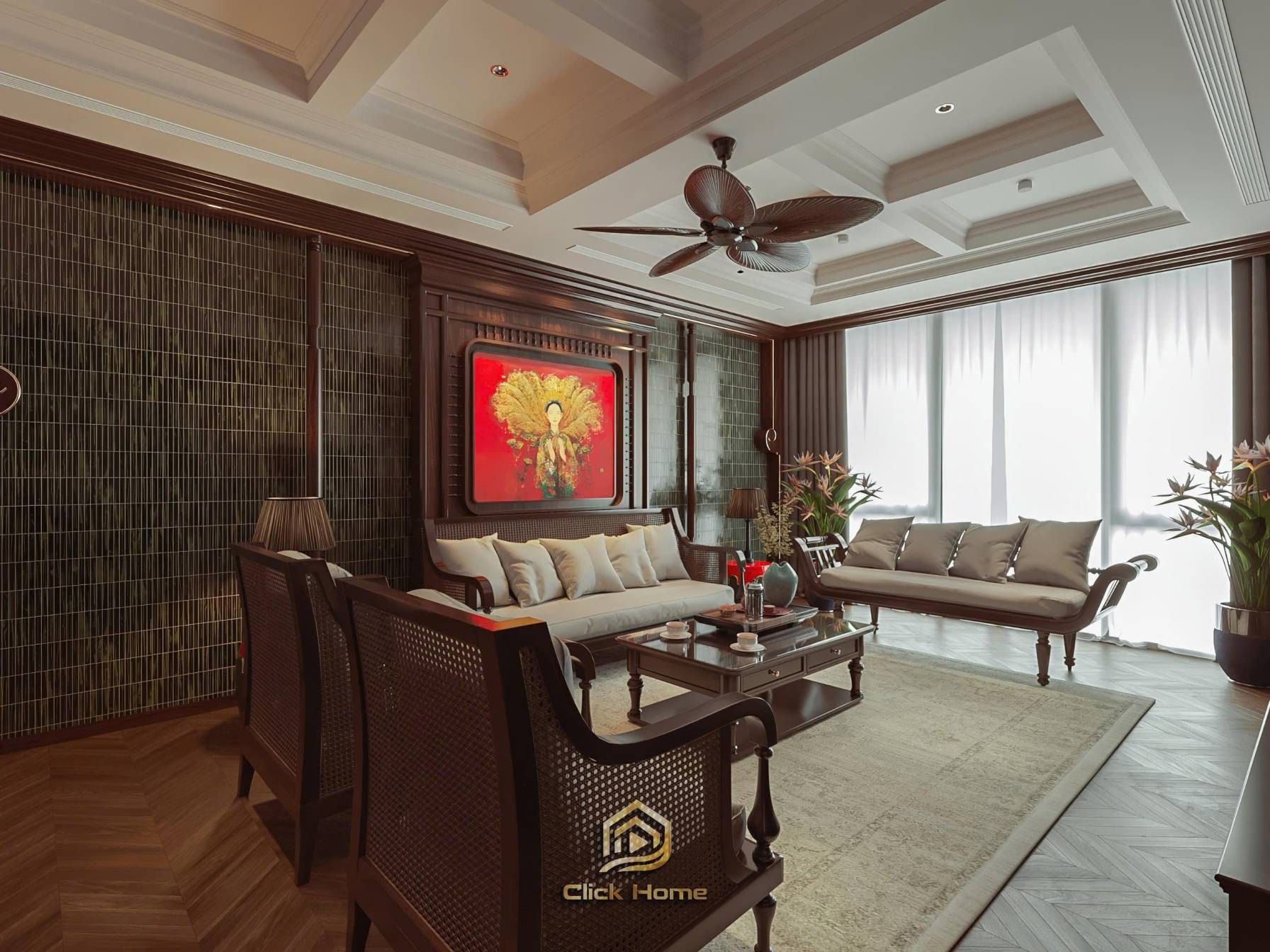 Bộ bàn ghế sofa gỗ tự nhiên kết hợp nệm bọc tone trắng hiện đại trong không gian phòng khách.