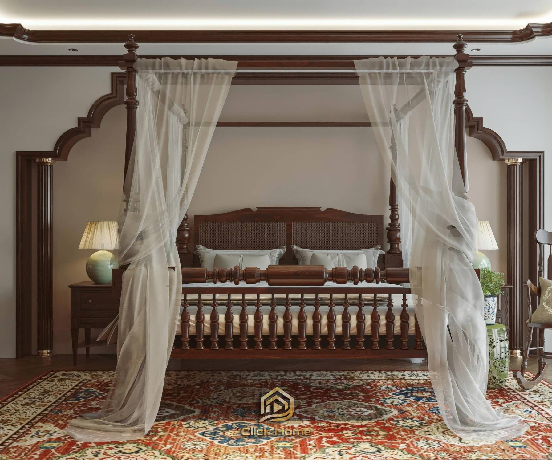 Thiết kế phòng ngủ master phong cách Indochine ấm cúng với thảm sàn họa tiết thổ cẩm và hệ trần giật cấp nét xưa.