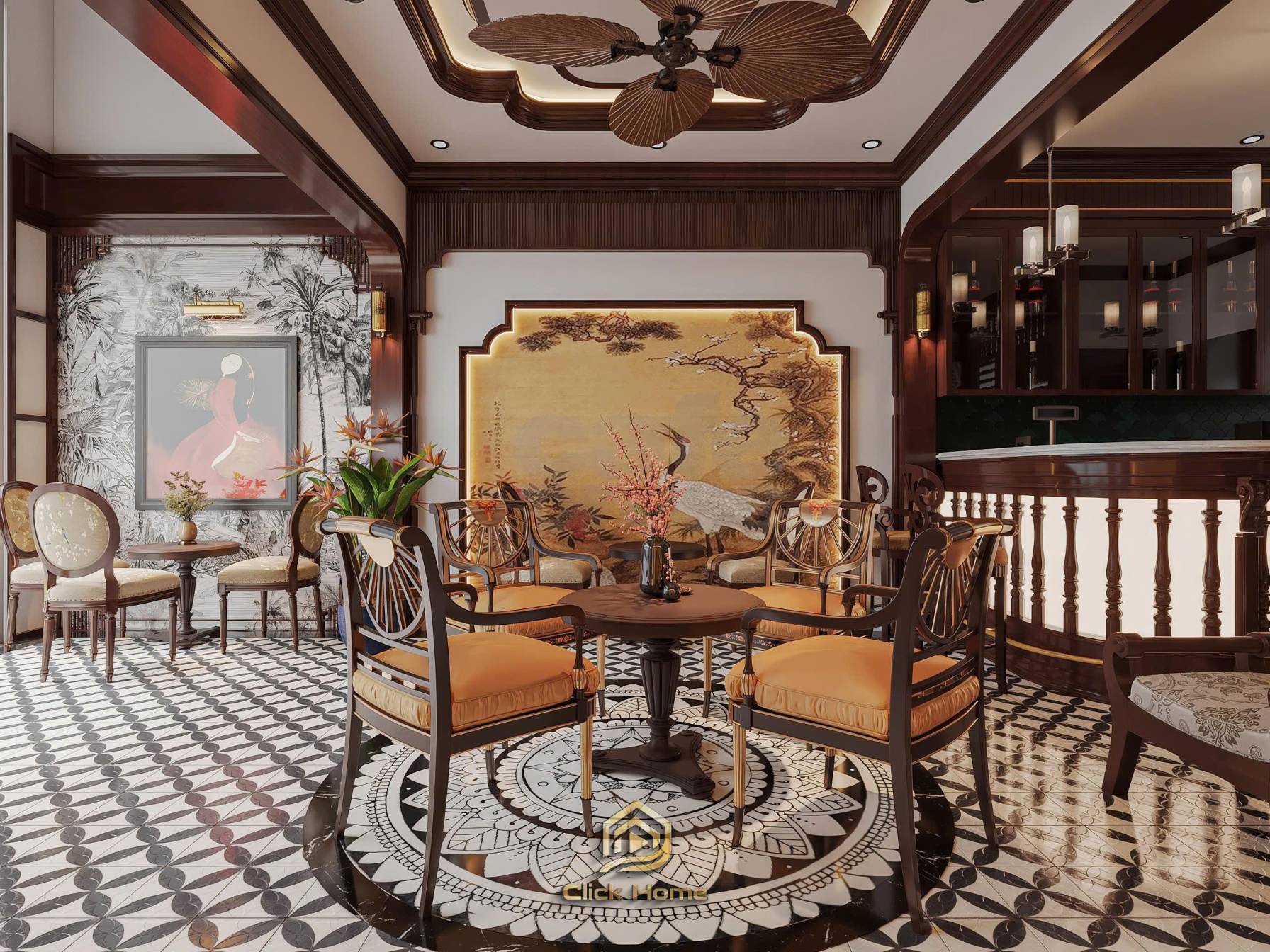 Mẫu thiết kế nhà phố kết hợp kinh doanh cafe phong cách kiến trúc tân cổ điển Indochine với tone màu trầm ấm.