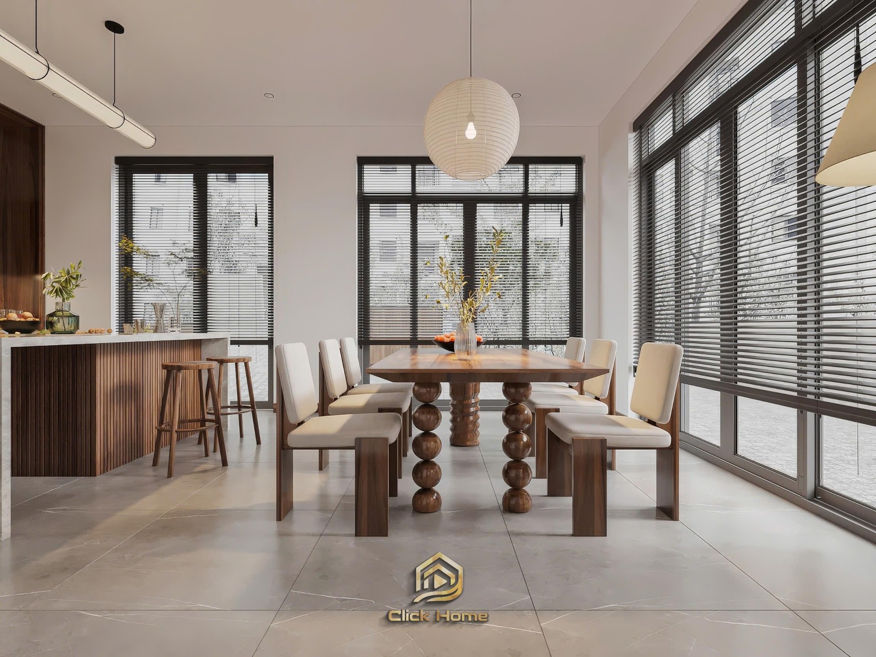 Thiết kế bếp có bàn đảo bằng gỗ óc chó sang trọng cho căn hộ hiện đại Vinhomes Cổ Loa.