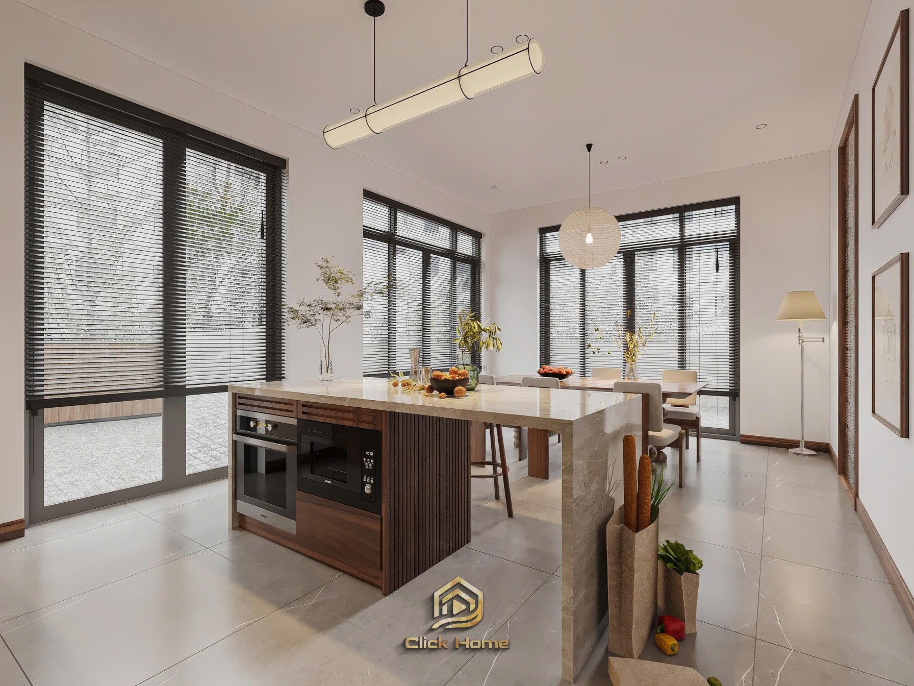 Thiết kế nội thất phòng bếp căn hộ gỗ óc chó tại Vinhomes Cổ Loa sang trọng.