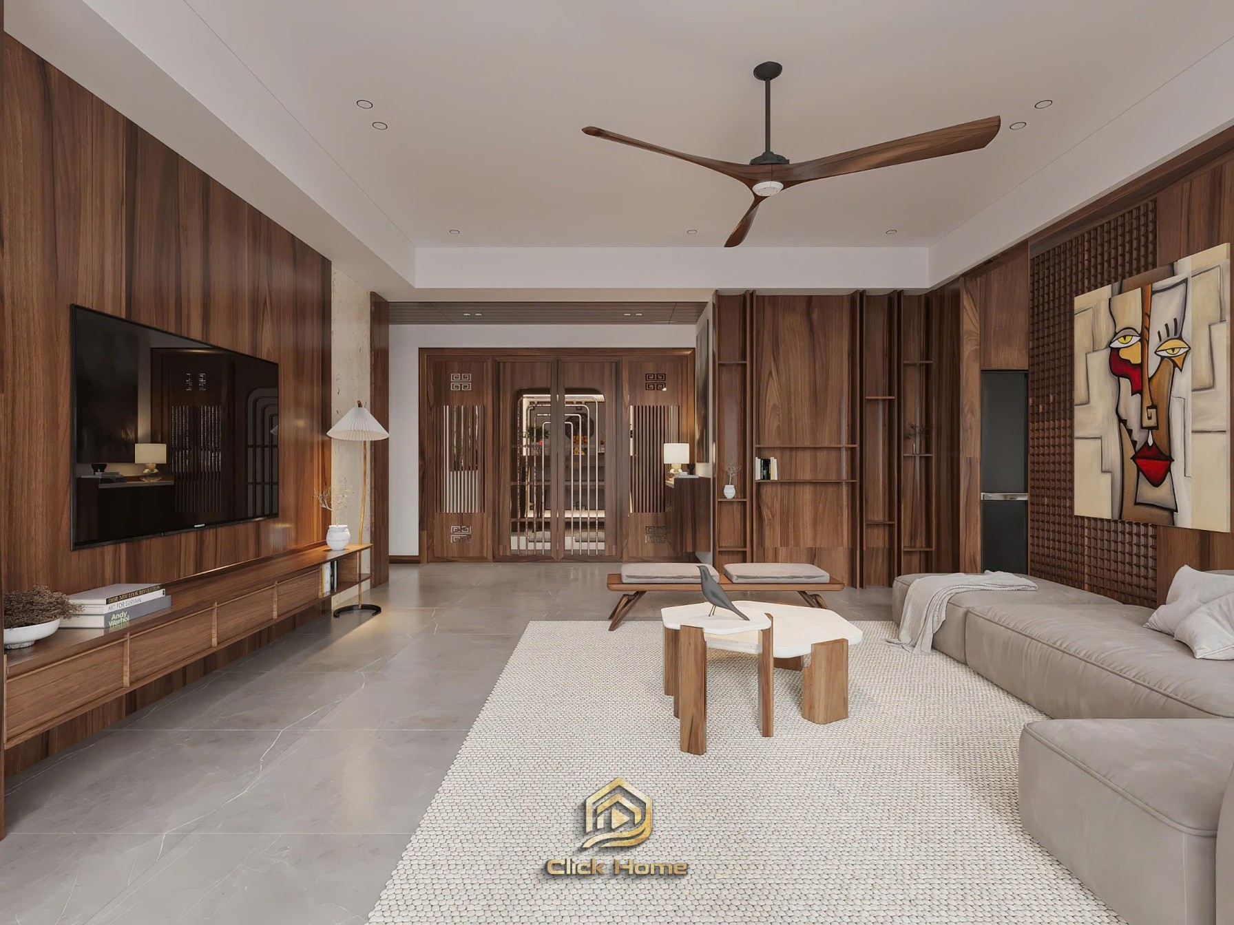 Thiết kế nội thất phòng khách căn hộ Vinhomes Cổ Loa sử dụng gỗ óc chó tự nhiên