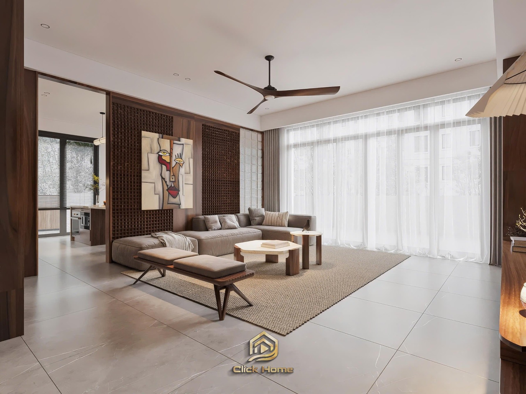 Mẫu phòng khách căn hộ chung cư ốp vách nan gỗ óc chó kết hợp tủ tivi treo tường hiện đại