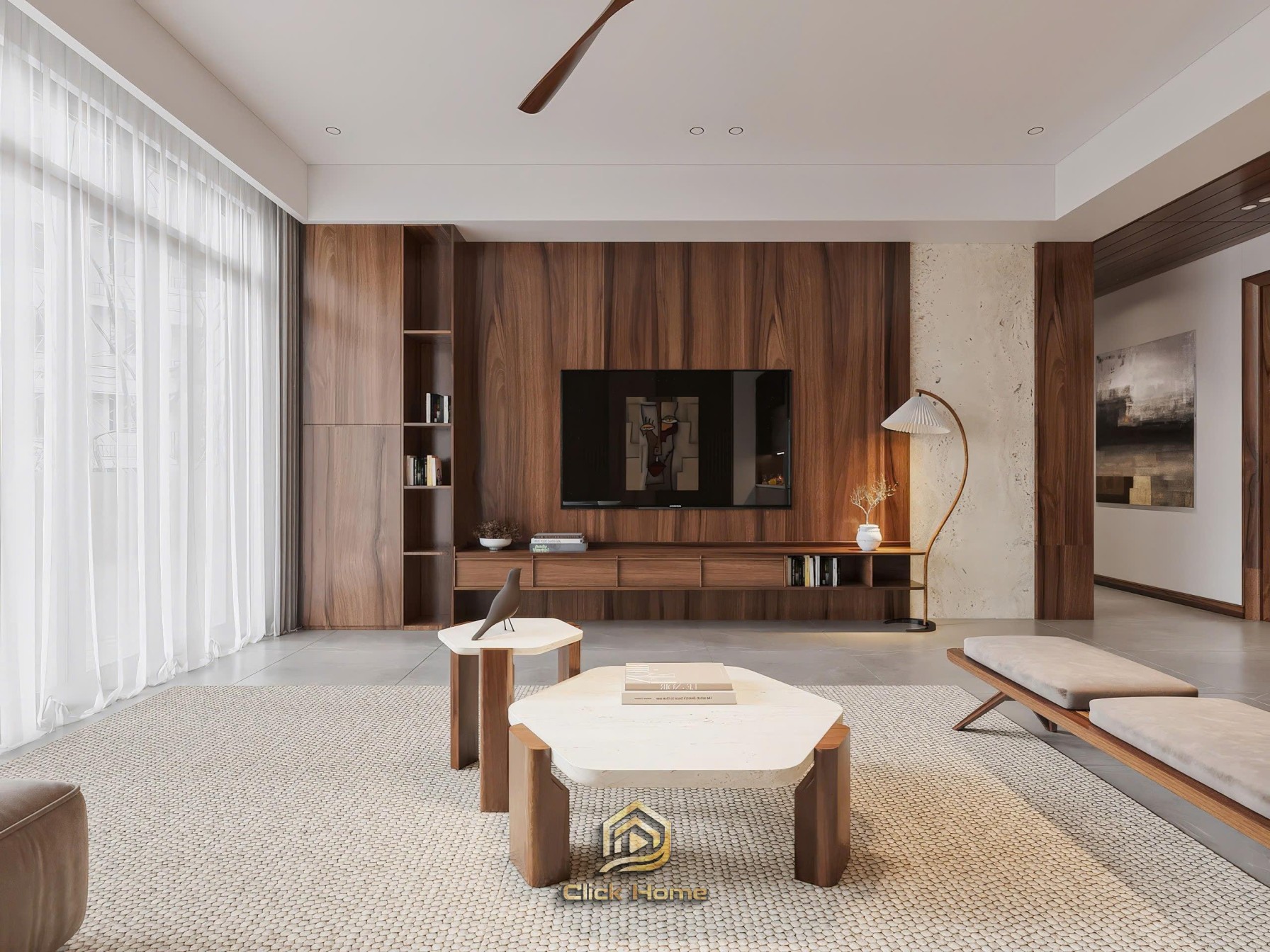 Không gian phòng khách ốp vách gỗ óc chó kết hợp bộ sofa góc hiện đại và bàn trà đôi