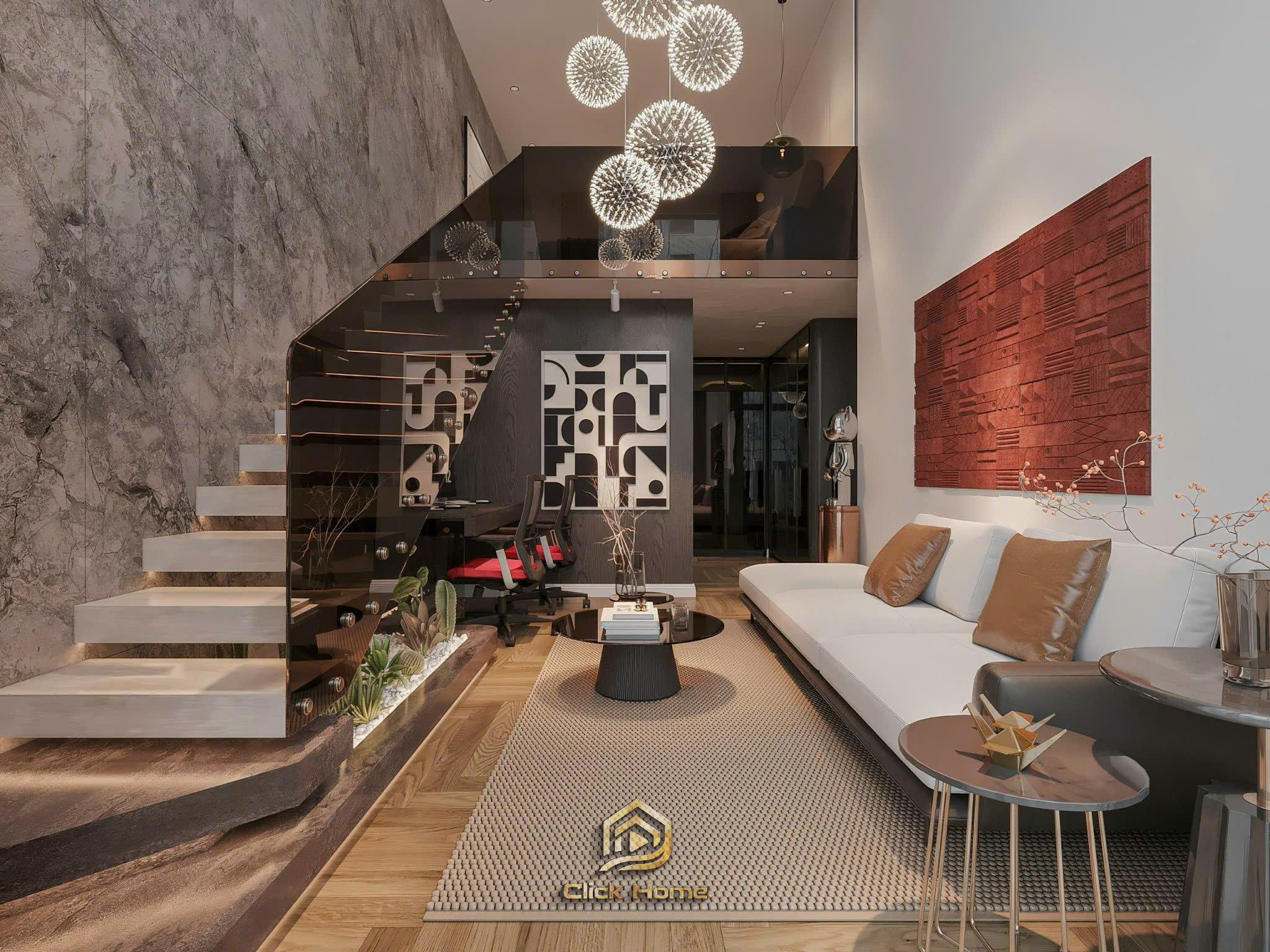 Bố trí góc làm việc và sofa thư giãn dưới chân cầu thang lên gác phòng ngủ phong cách Đông Dương.