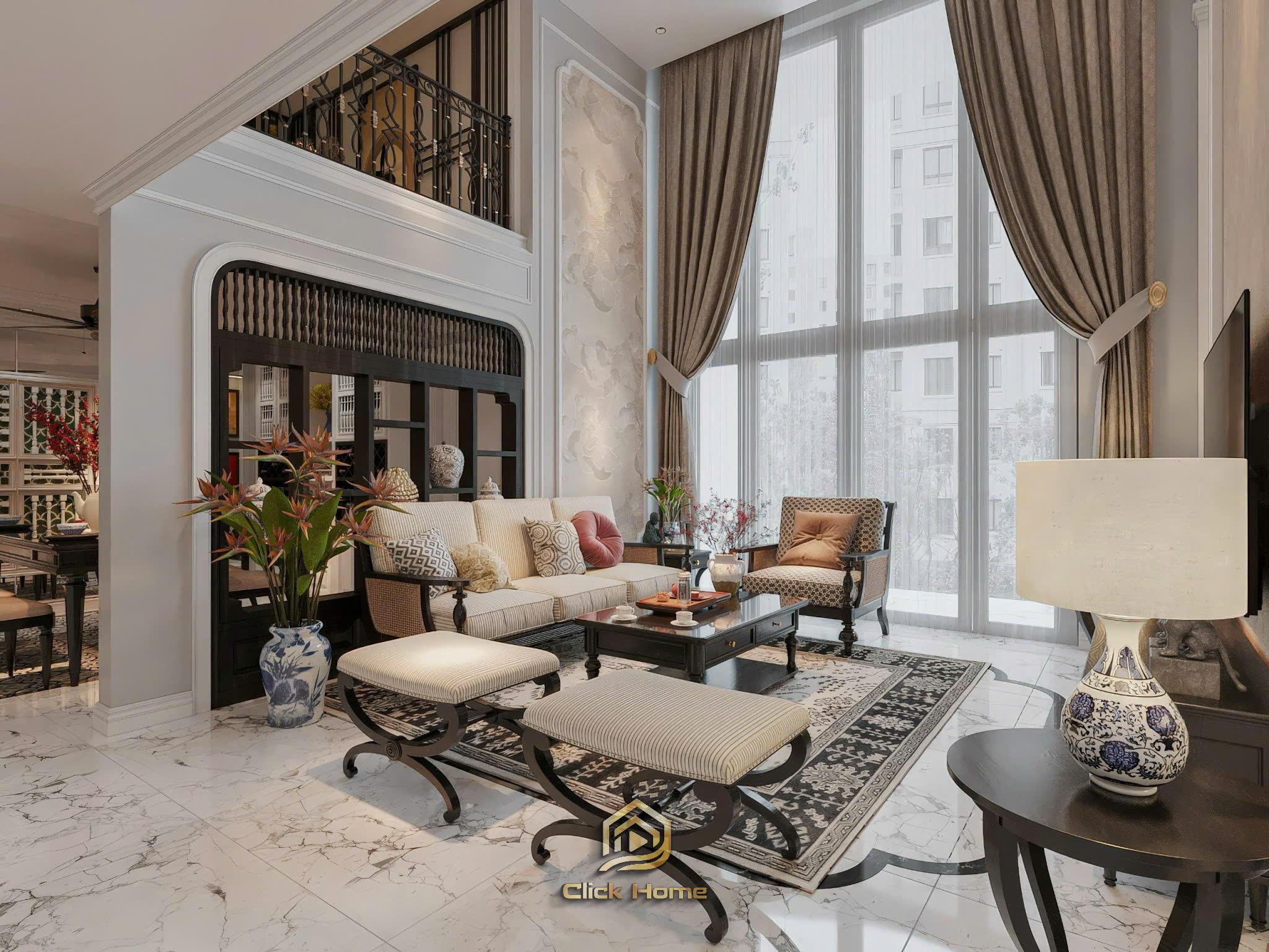 Mẫu nội thất phòng khách biệt thự phong cách Đông Dương với hệ tủ màu trắng thanh lịch và sàn đá marble cao cấp.