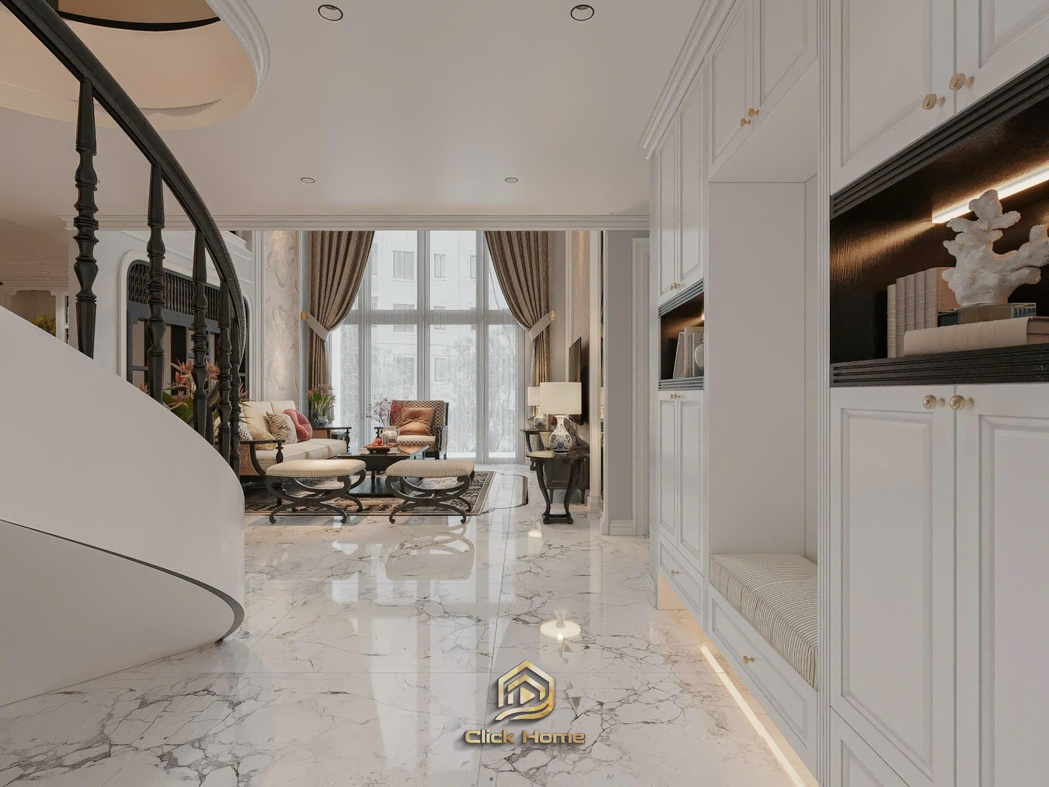 Thiết kế nội thất phòng khách biệt thự phong cách Indochine sang trọng với tone màu trắng chủ đạo và nội thất gỗ tinh tế.