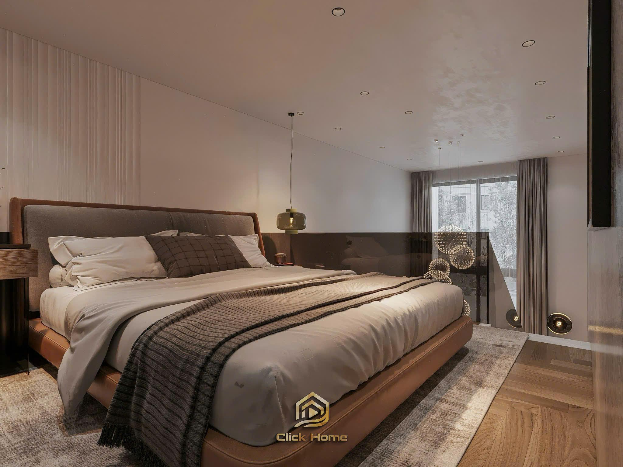 Thiết kế phòng ngủ master biệt thự phong cách Indochine với giường gỗ cao cấp và vách ốp đầu giường tinh tế.