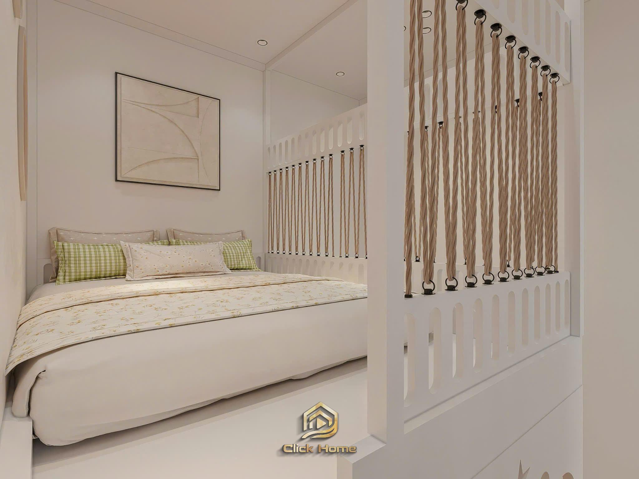 Thiết kế phòng ngủ trẻ em biệt thự Indochine với góc vui chơi trải thảm họa tiết và hệ tủ quần áo âm tường màu trắng hiện đại.