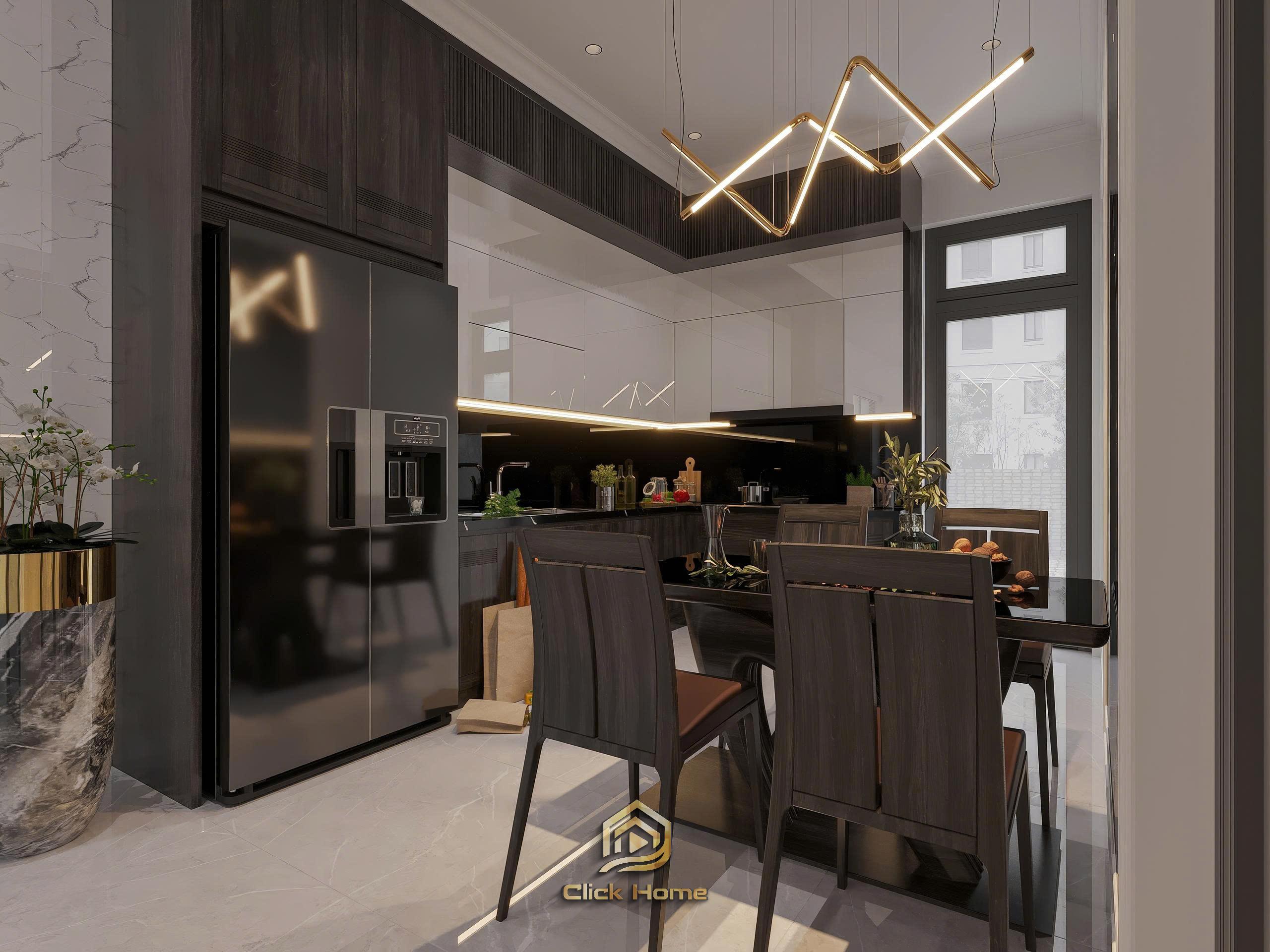 Không gian phòng bếp ăn biệt thự hiện đại với tone màu trầm sang trọng tại Vinhomes Cổ Loa.