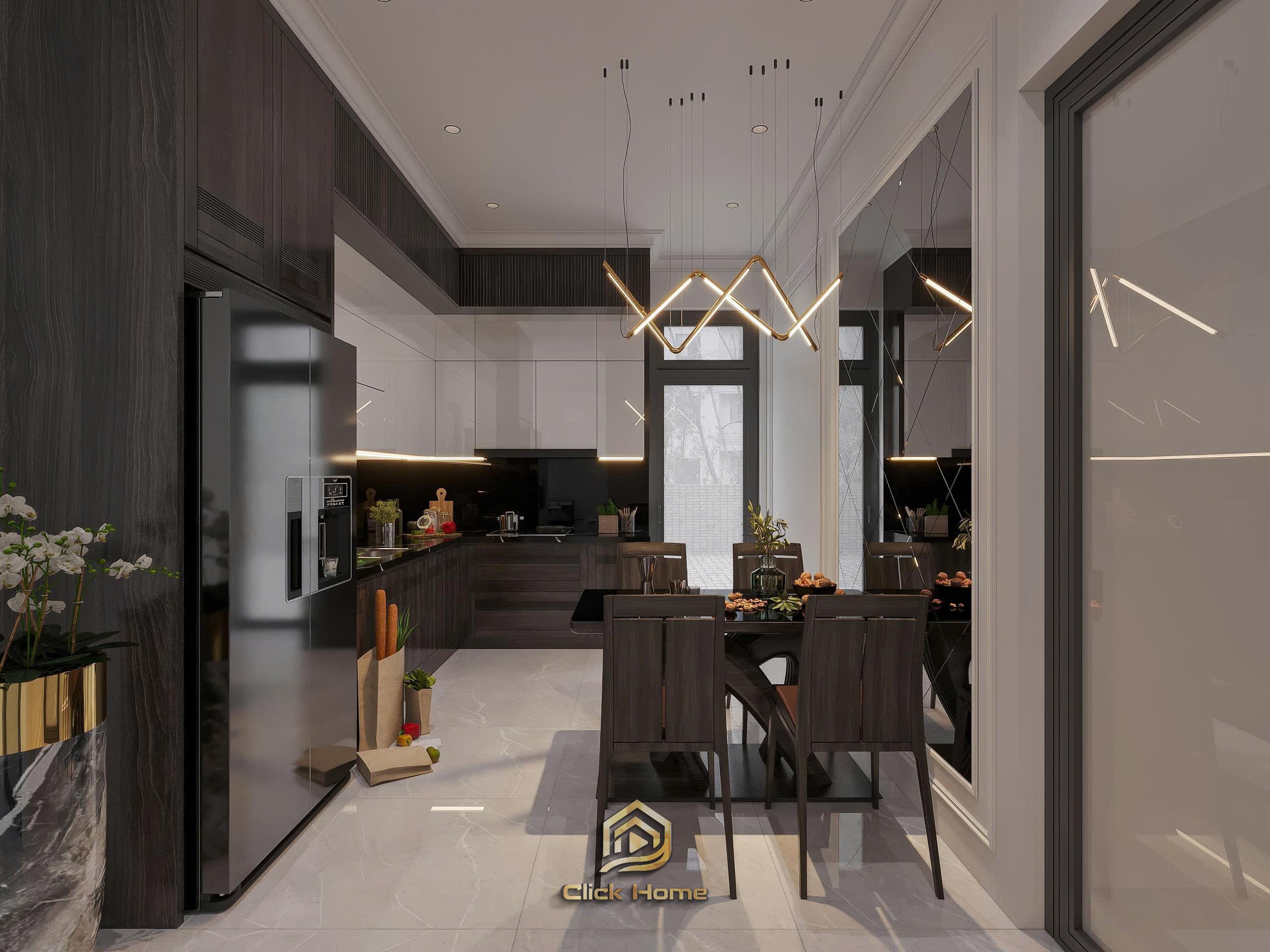 Mẫu thiết kế bếp liền phòng ăn tối ưu diện tích cho biệt thự hiện đại Vinhomes Cổ Loa.