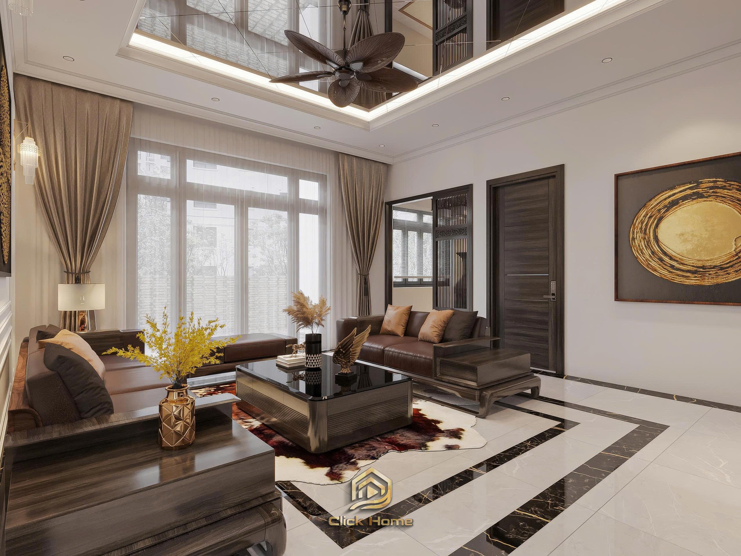 Mẫu bếp biệt thự hiện đại bố trí bàn đảo tích hợp chậu rửa và ghế quầy bar bọc da chân cao thời thượng.
