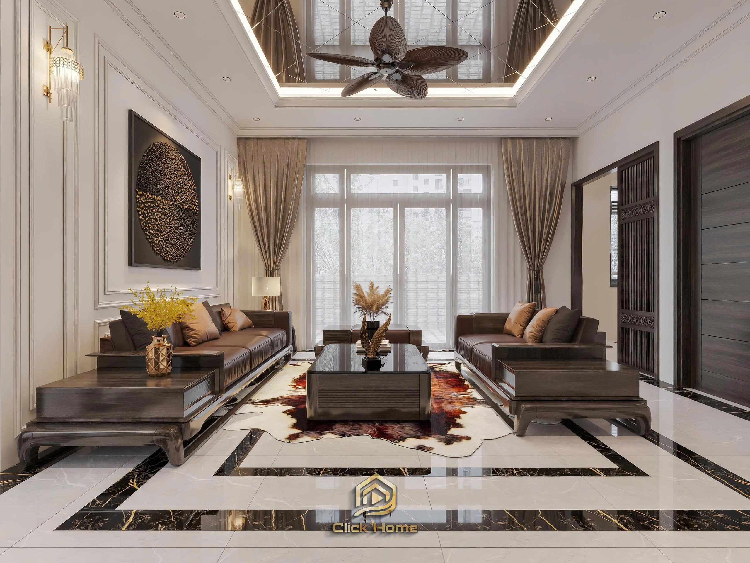 Thiết kế nội thất phòng bếp biệt thự hiện đại với hệ tủ bếp kịch trần cao cấp và bàn đảo đá marble sang trọng.