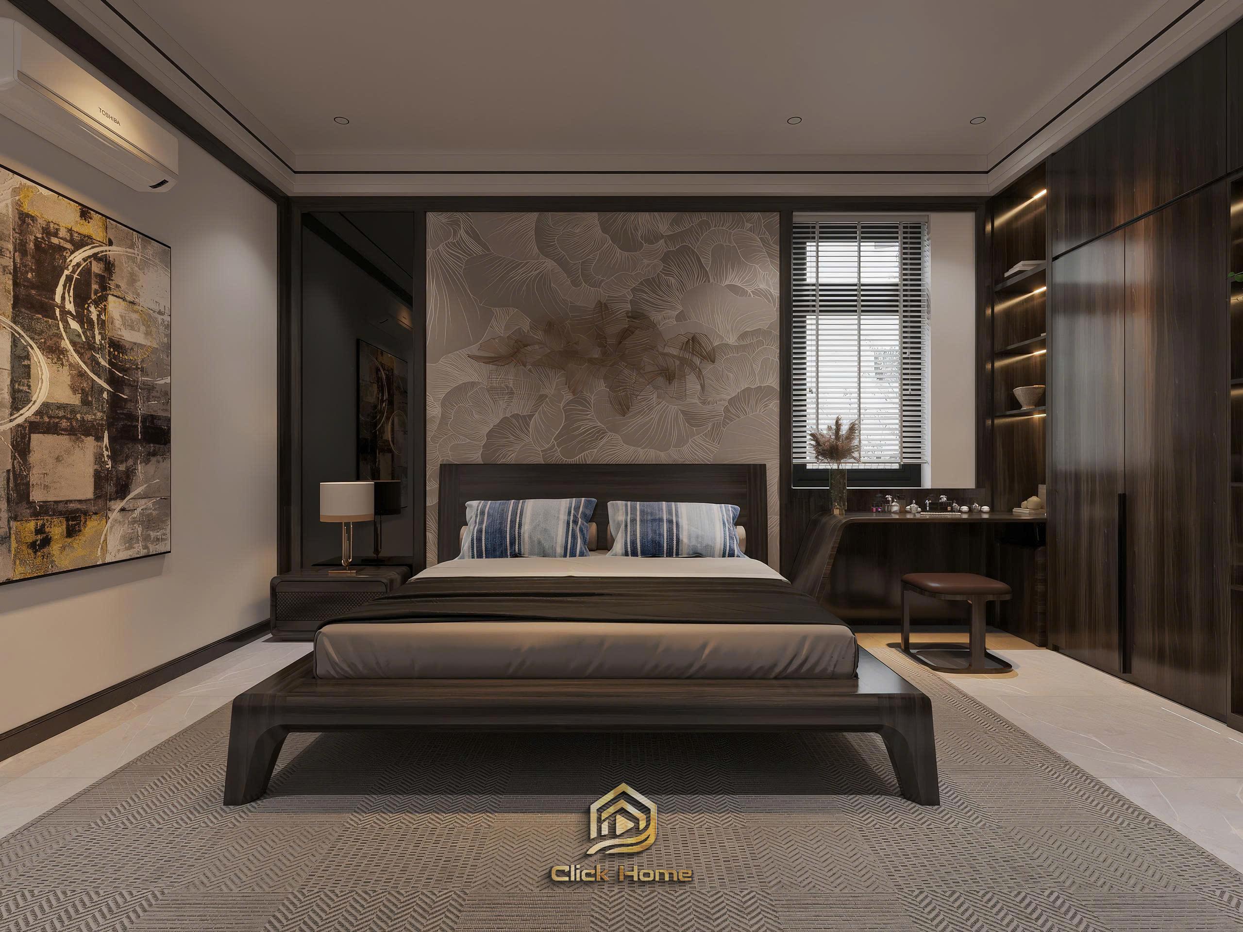 Mẫu thiết kế nội thất phòng ngủ biệt thự Vinhomes Cổ Loa tone màu trầm ấm áp, tinh tế.