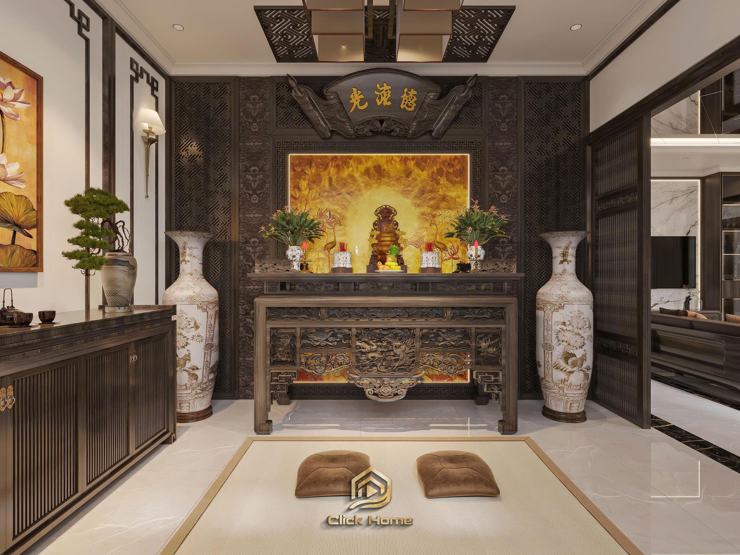 Không gian nội thất phòng thờ sang trọng trong dự án thiết kế biệt thự Vinhomes Cổ Loa.