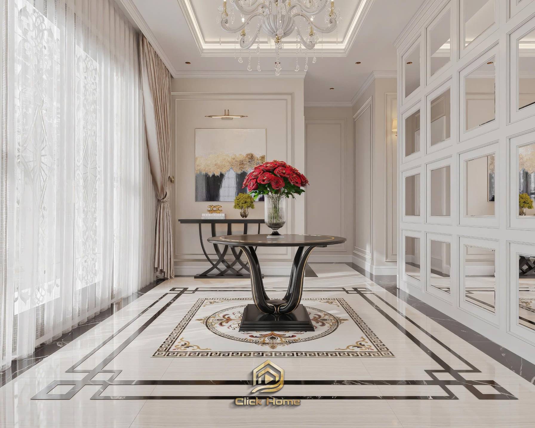 Mẫu thiết kế nội thất cửa ra vào sảnh lớn biệt thự phong cách tân cổ điển sang trọng, tinh tế.