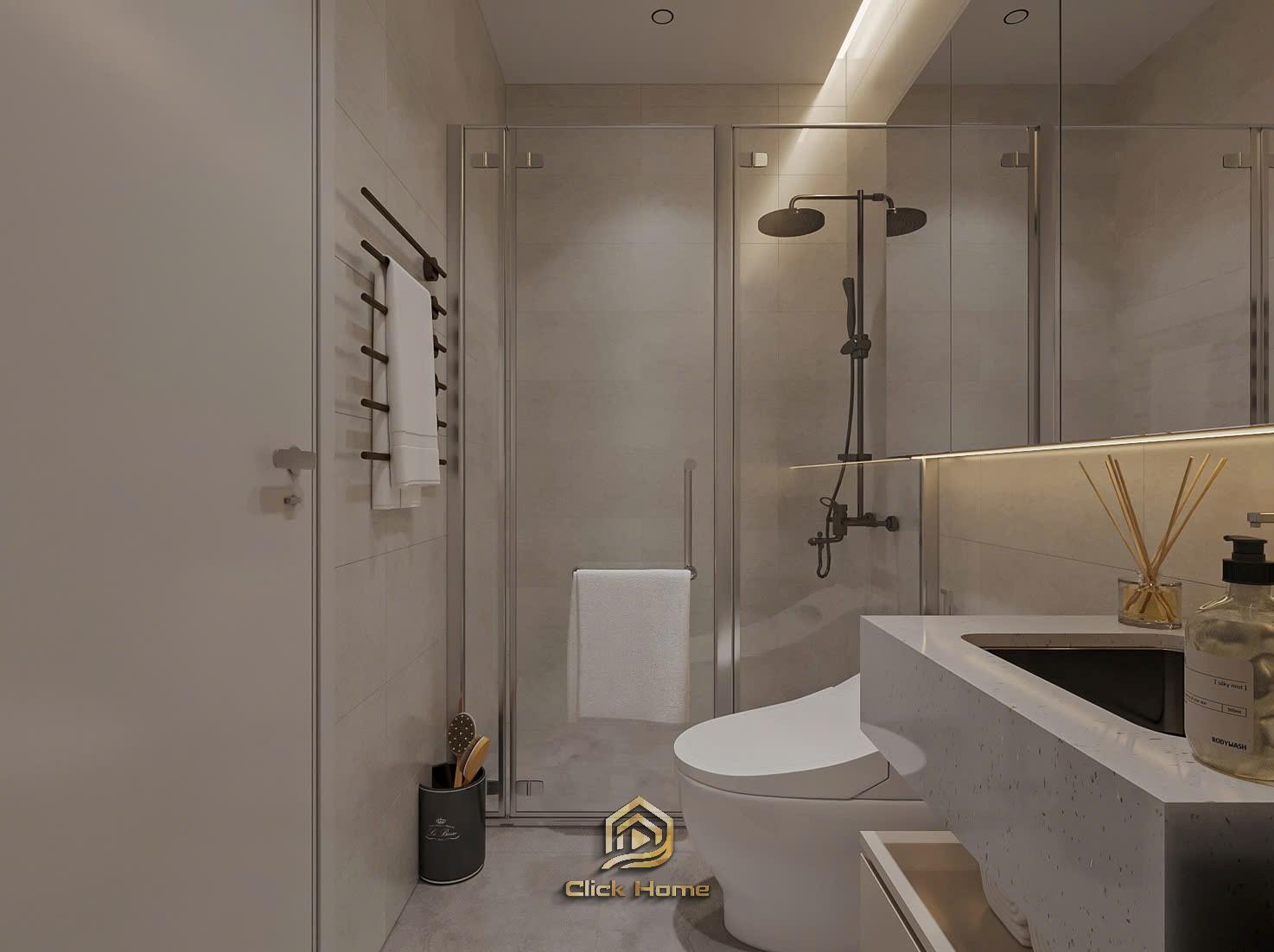 Thiết kế nội thất nhà vệ sinh hiện đại với bồn cầu thông minh và vách kính tắm đứng sang trọng.