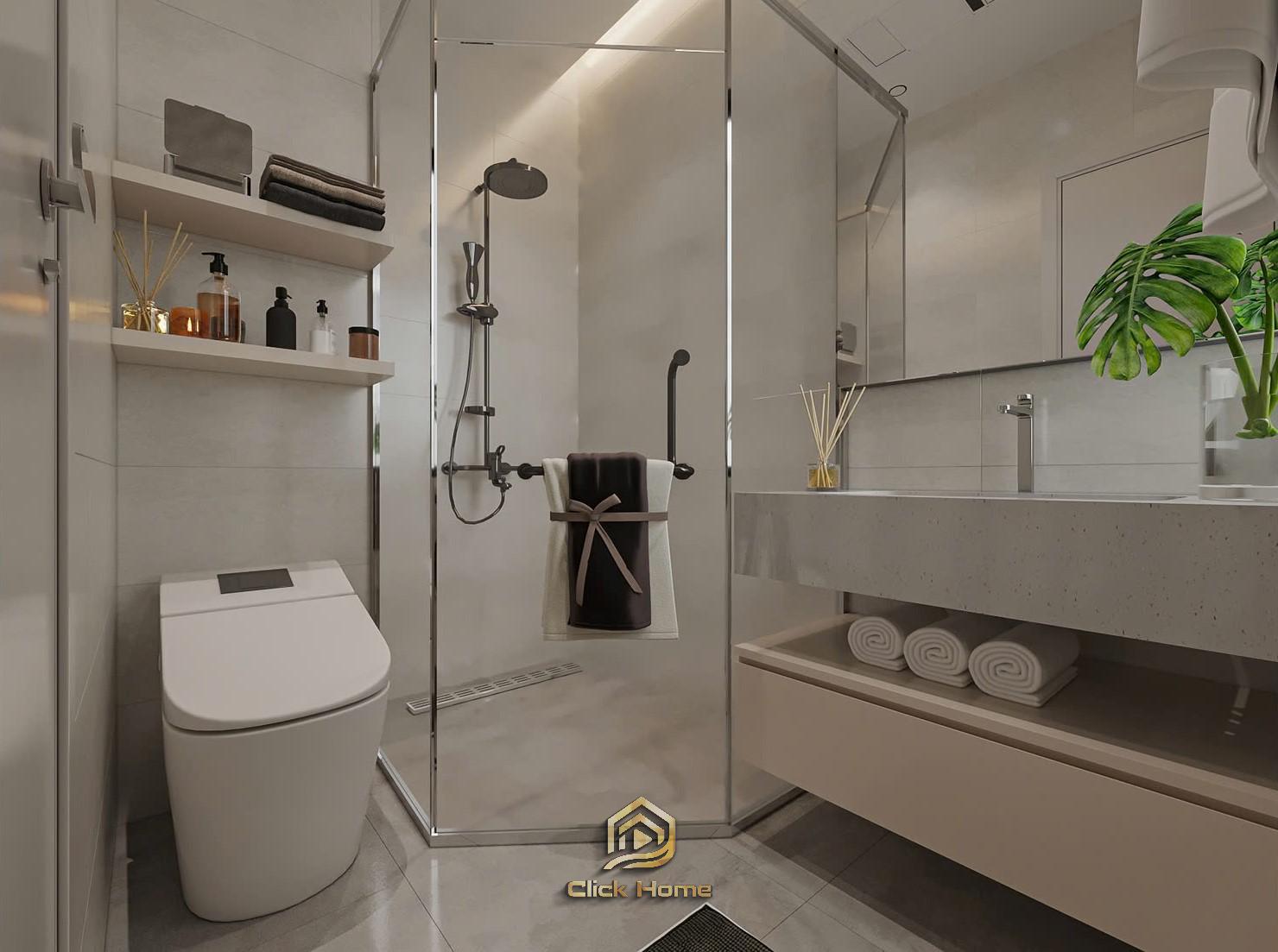 Nhà tắm sử dụng sen tắm âm tường, vách ngăn kính cường lực giúp không gian luôn khô ráo.