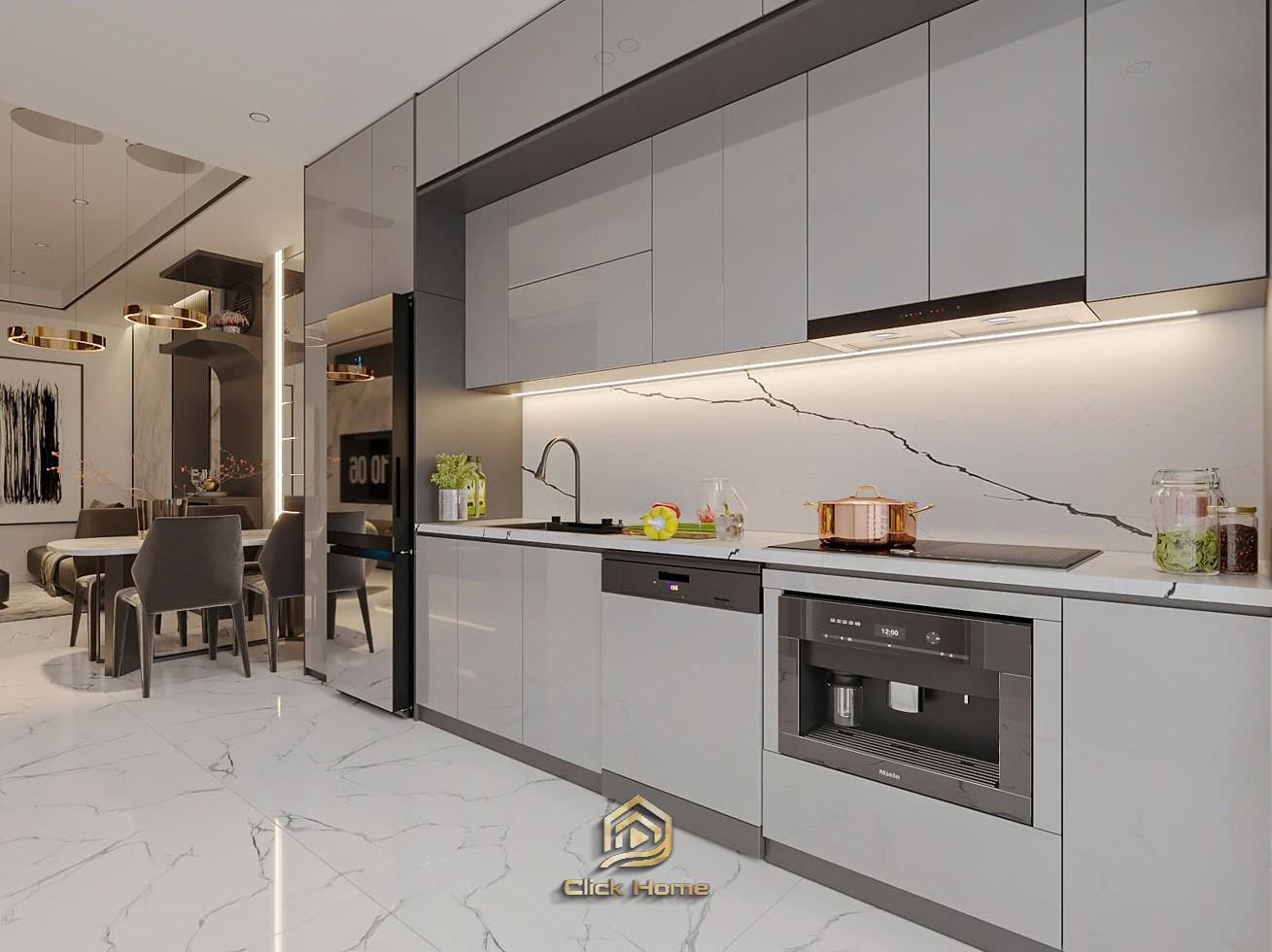 Mẫu nhà bếp hiện đại tối giản với hệ tủ bếp acrylic bóng gương, trang bị lò nướng và máy rửa bát tiện nghi.