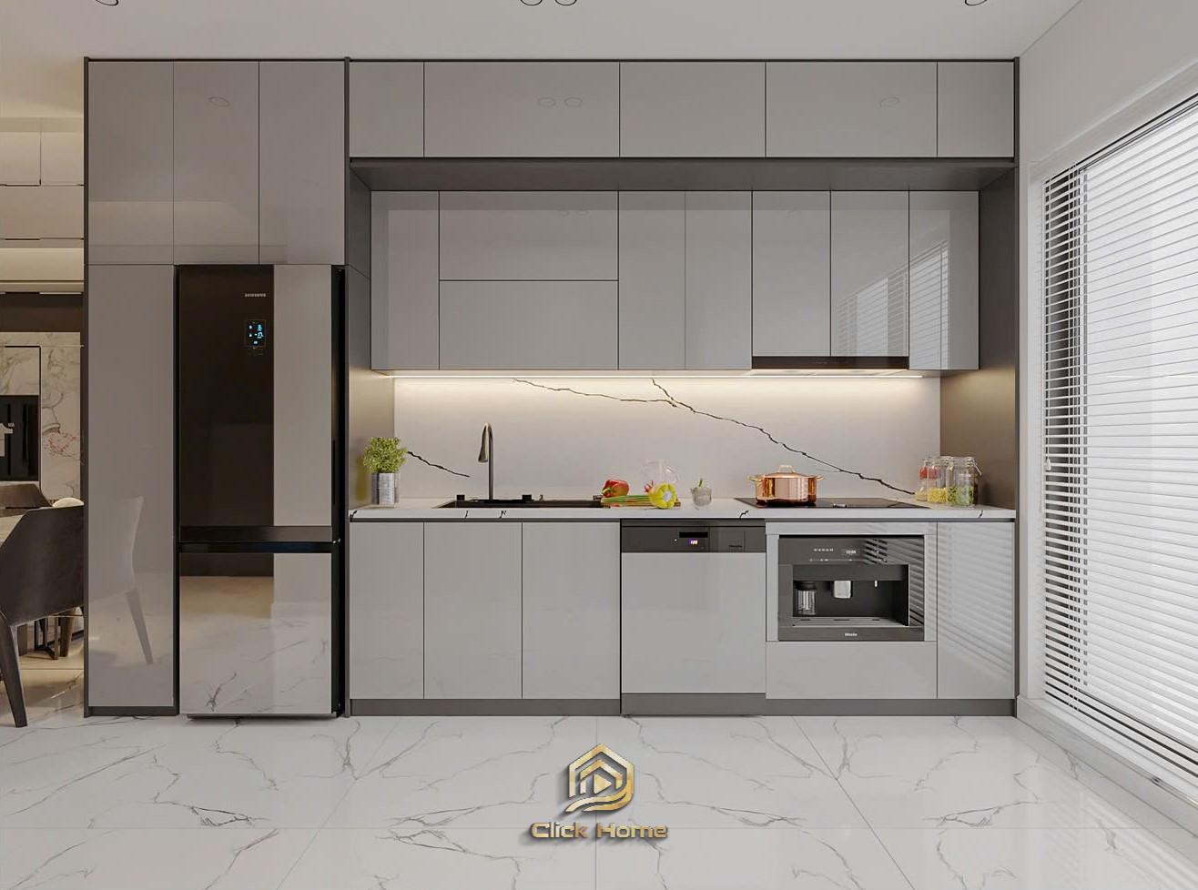 Thiết kế tủ bếp chữ I hiện đại kịch trần tone màu xám trắng sang trọng tích hợp tủ lạnh âm tủ.