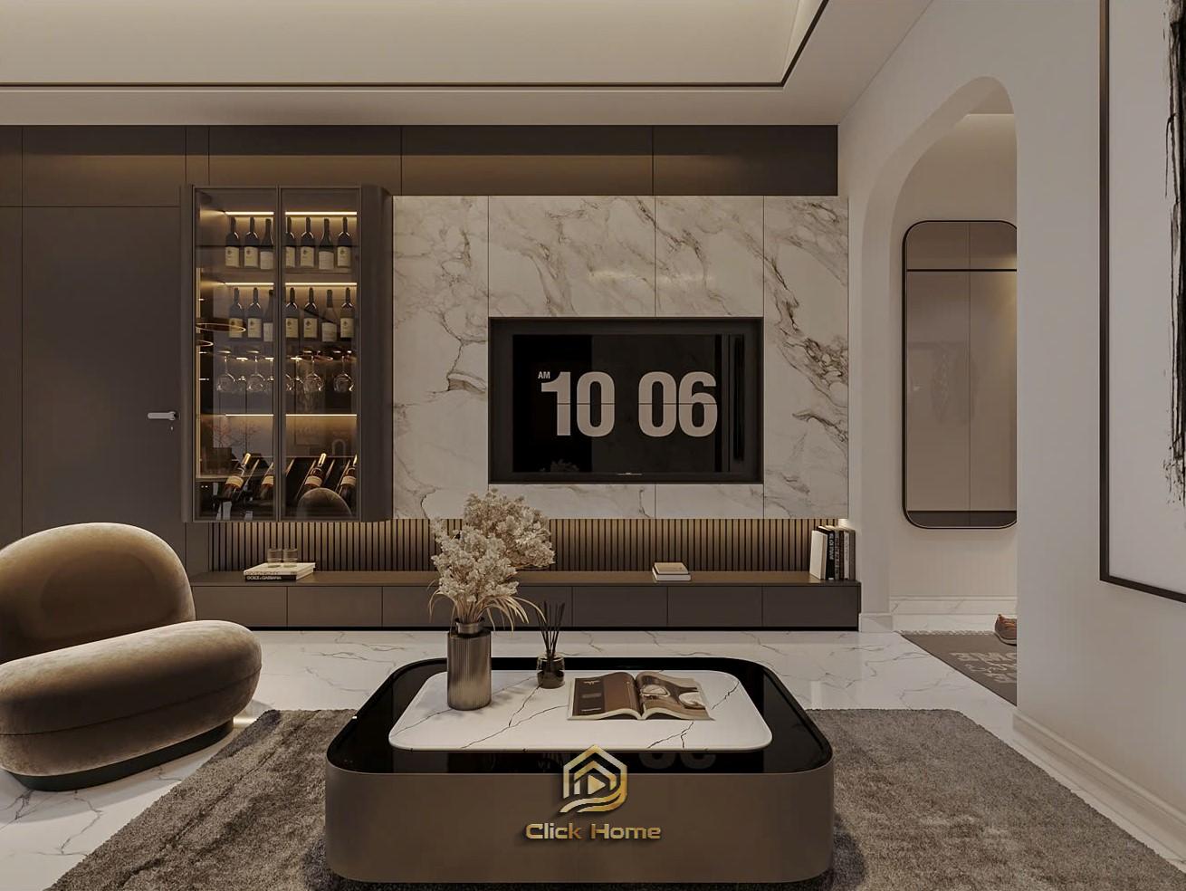 Thiết kế vách tivi phòng khách hiện đại bằng đá marble kết hợp tủ rượu cánh kính sang trọng.