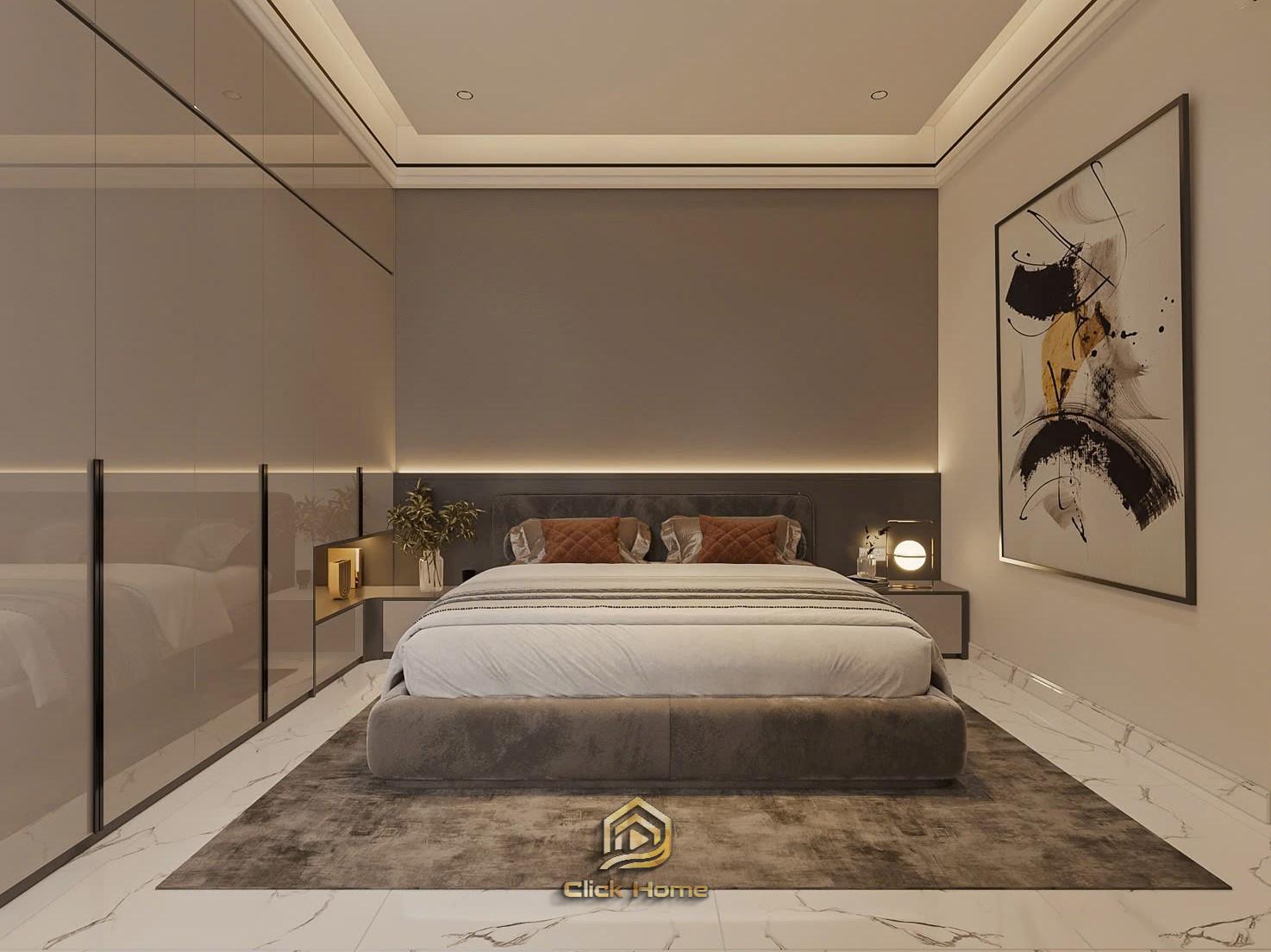 Thiết kế phòng ngủ hiện đại có bàn làm việc nhỏ gọn cạnh cửa sổ và vách ốp trang trí tinh tế.