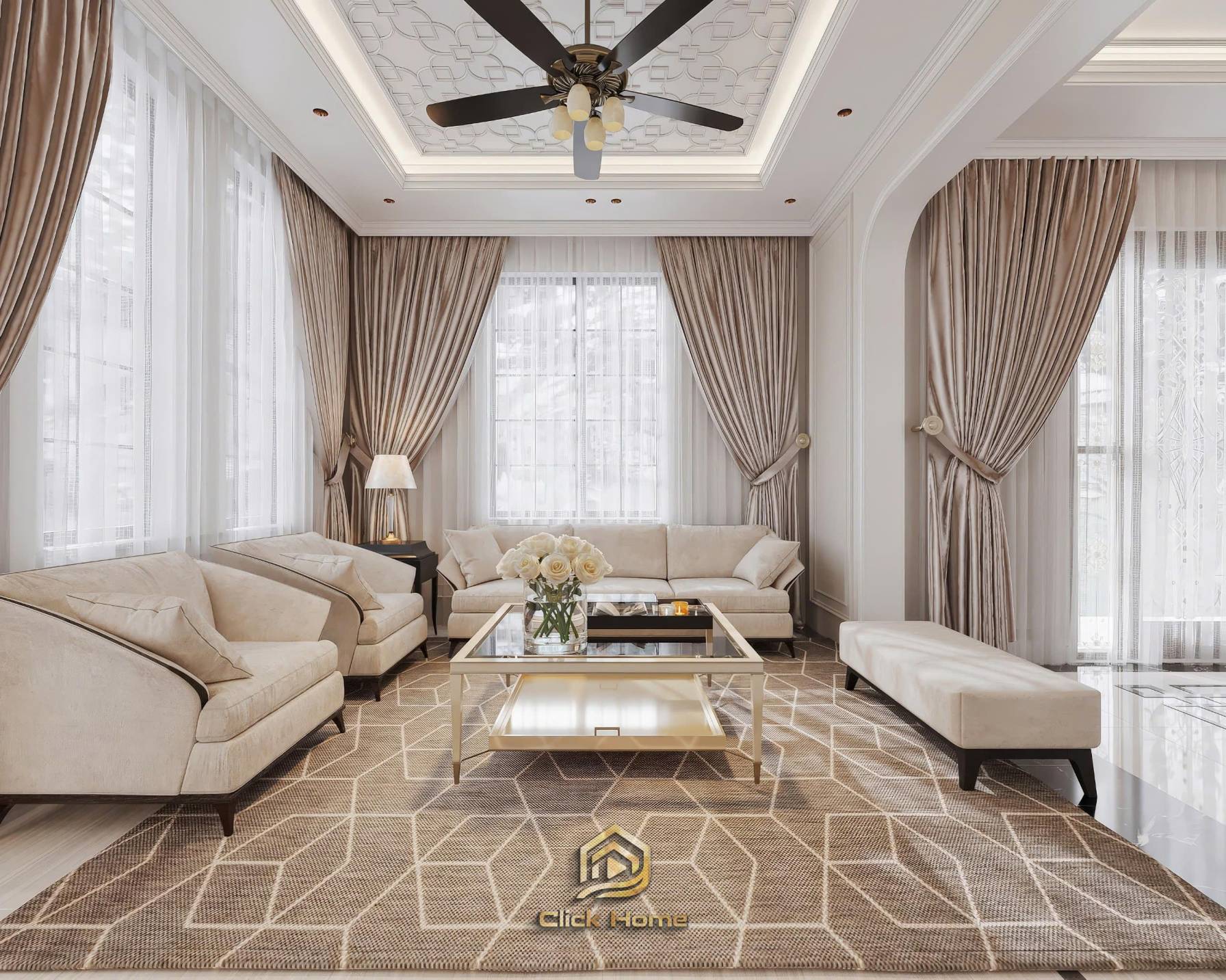 Không gian nội thất phòng khách hiện đại với bộ sofa da màu kem, vách tivi ốp đá marble trắng và bàn trà cao cấp.