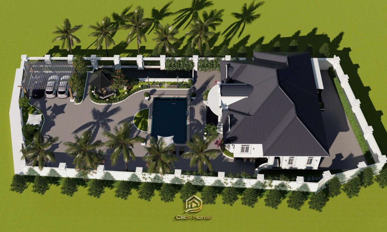 Thiết kế biệt thự vườn 1 tầng có hồ bơi mini và khoảng sân rộng lát đá trước nhà