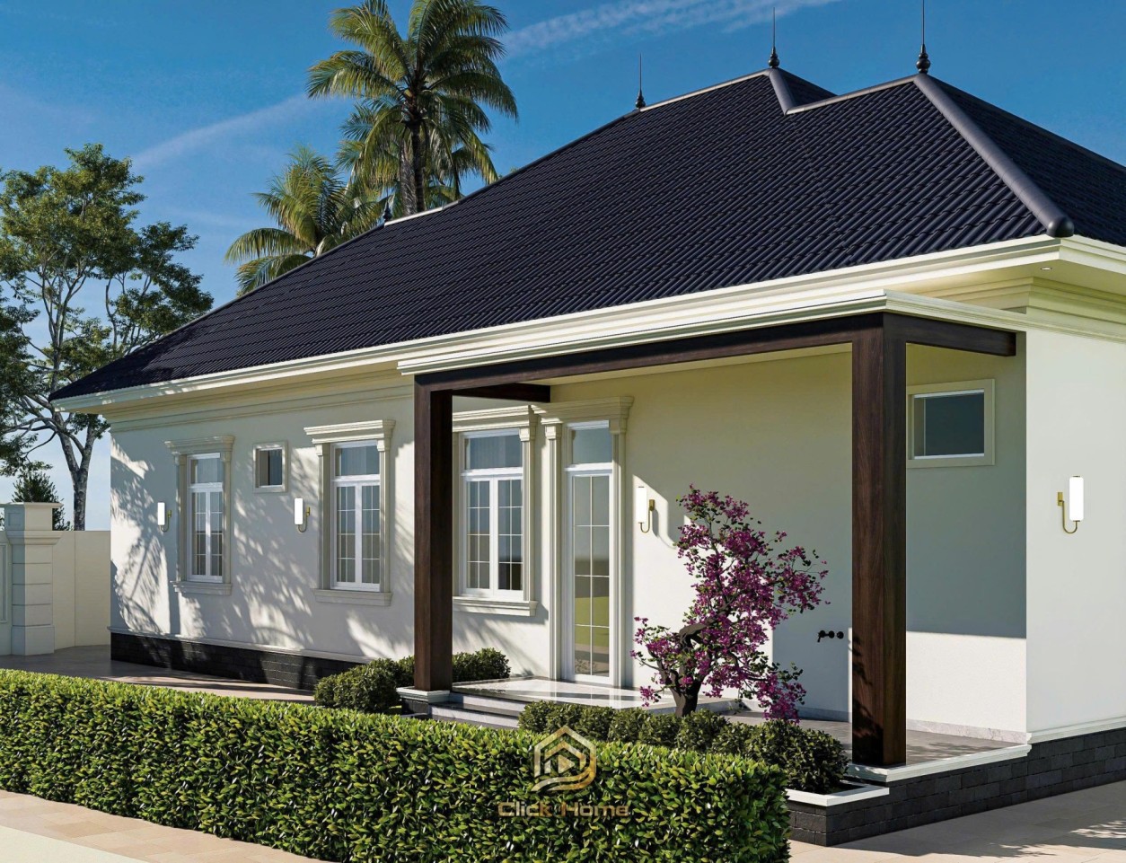 Giải pháp chiếu sáng mặt tiền biệt thự tân cổ điển 1 tầng bằng hệ thống đèn hắt tường vàng ấm