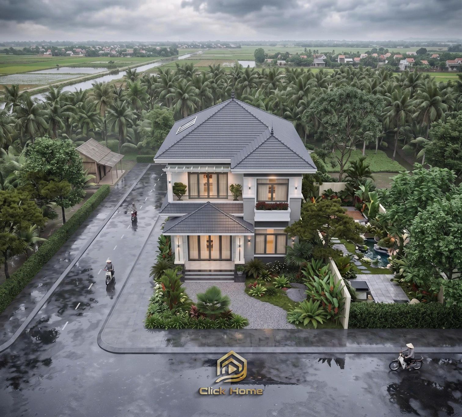 Phối cảnh với hình khối vuông vắn và đường nét kiến trúc sắc sảo, tinh tế.