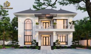 Mẫu thiết kế biệt thự 2 tầng hiện đại mái Nhật màu trắng sang trọng với cửa kính vòm và sân vườn đẹp - Click Home.