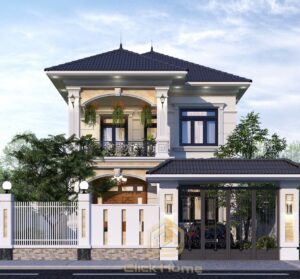 Mẫu thiết kế nhà 2 tầng mái Nhật hiện đại màu trắng xanh với hệ cổng tường rào tinh tế do Click Home thiết kế thi công trọn gói.