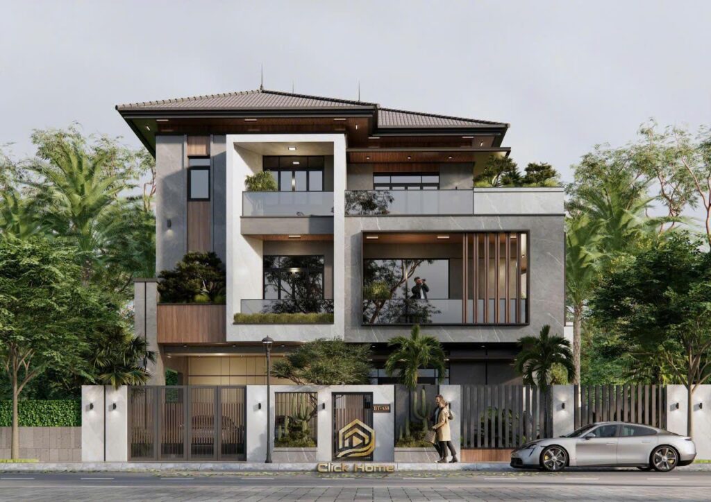 Phối cảnh mặt tiền biệt thự hiện đại 3 tầng với thiết kế hình khối mạnh mẽ, sử dụng tone màu xám trắng sang trọng