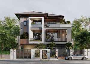 Phối cảnh mặt tiền biệt thự hiện đại 3 tầng với thiết kế hình khối mạnh mẽ, sử dụng tone màu xám trắng sang trọng